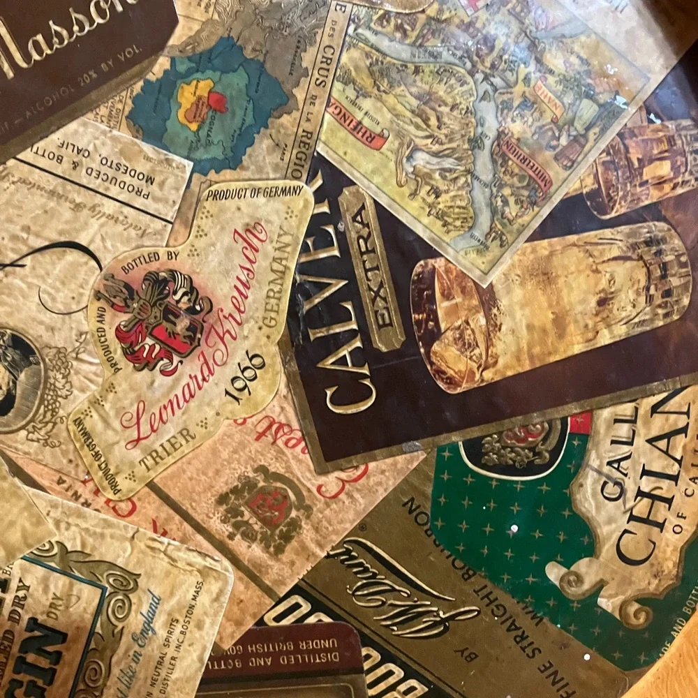 Vintage Liquor Labels Tin Metal Tray Decoupaged 13.5” Wide Unique Bar Decor
